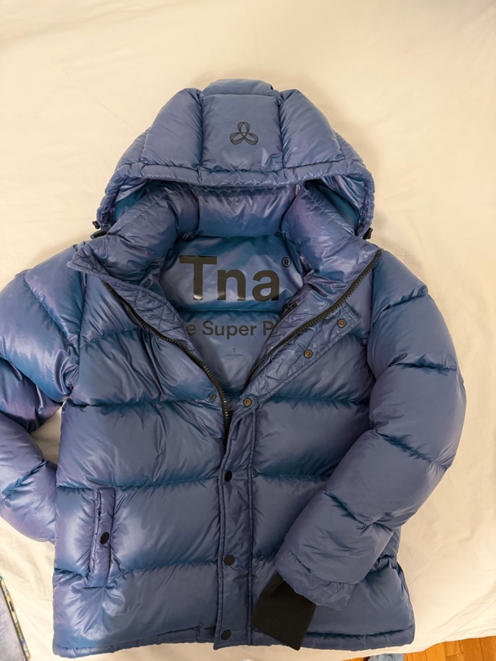 Aritzia TNA Blue Shiny Hooded Puffer Jacket